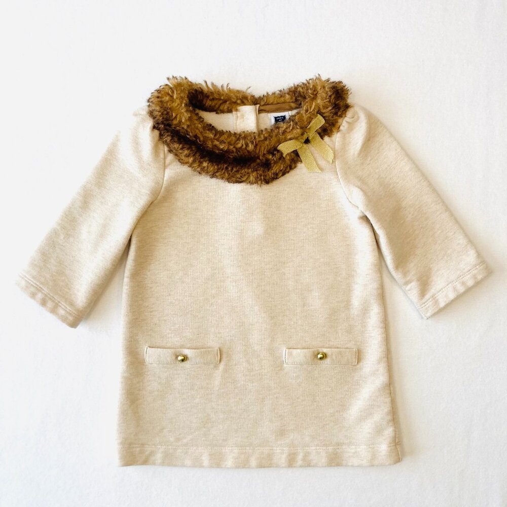 Janie & Jack brown top/knit dress w/brown faux fur collar 3T